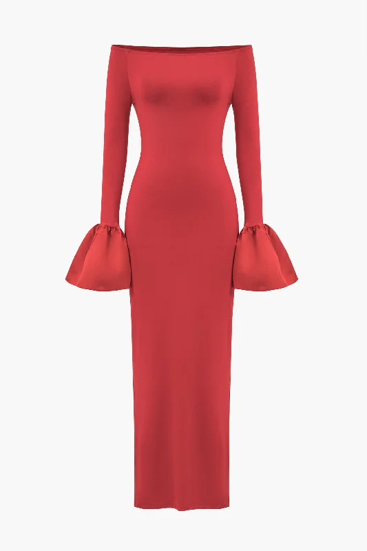 Solid Satin Off Shoulder Slit Maxi Dress