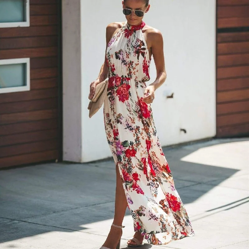FashionSierra - Halter Style Women Summer Floral Dress Casual Boho High Waist Long Maxi Holiday Party Sleeveless Loose Dress Clothes