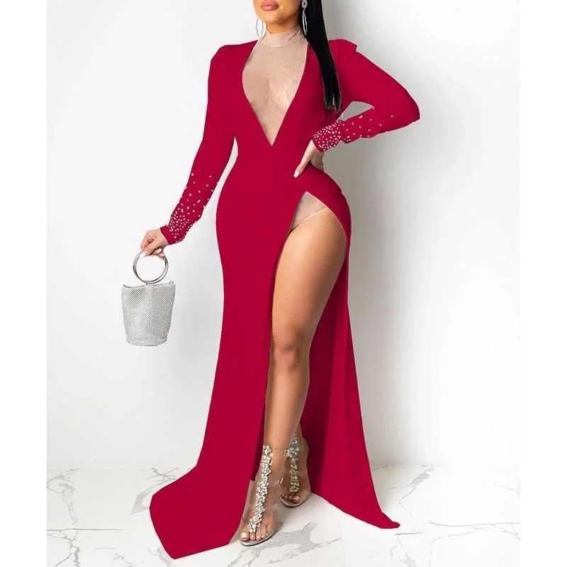 FashionSierra - Women Diamonds Long Sleeve Party Dress